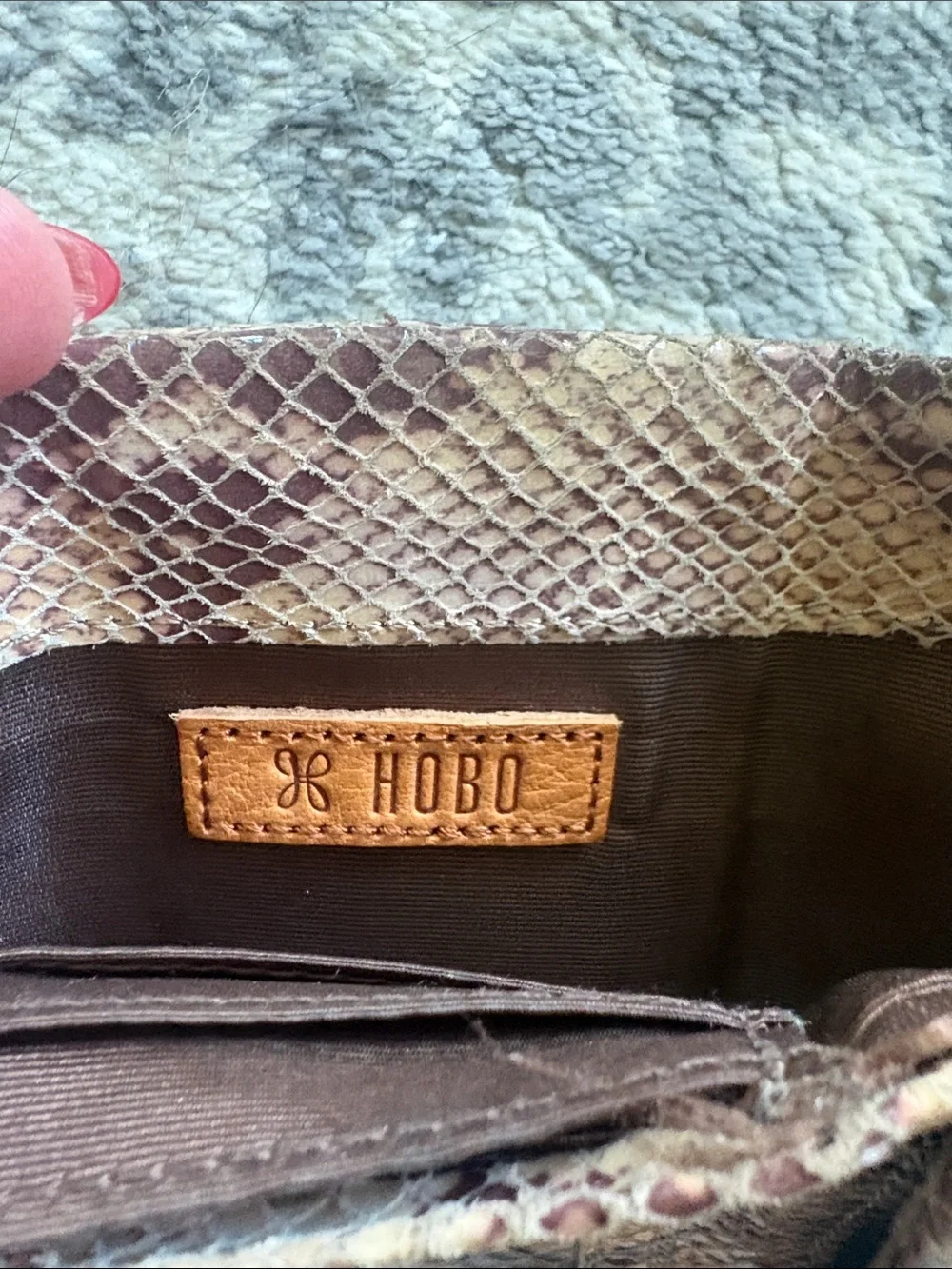 HOBO Snake-Embossed Foldover Clutch in Brown and Cream